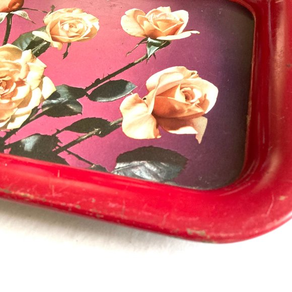 Vintage Metal Tray Floral Red Roses Cottage Decor - Picture 4 of 6